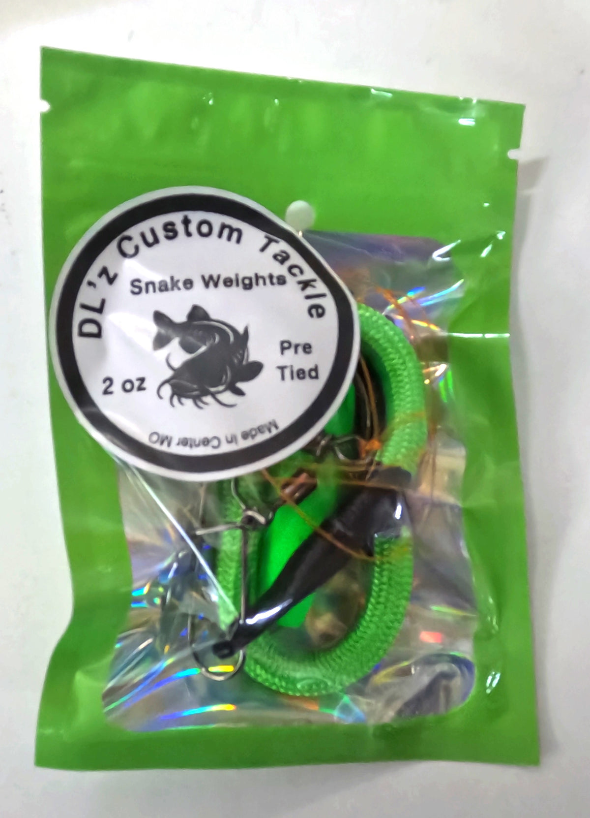 2oz. Slime Green Pre Tied Santee Copper style Snake Weight sinker rig. Sold 1 rig per package.