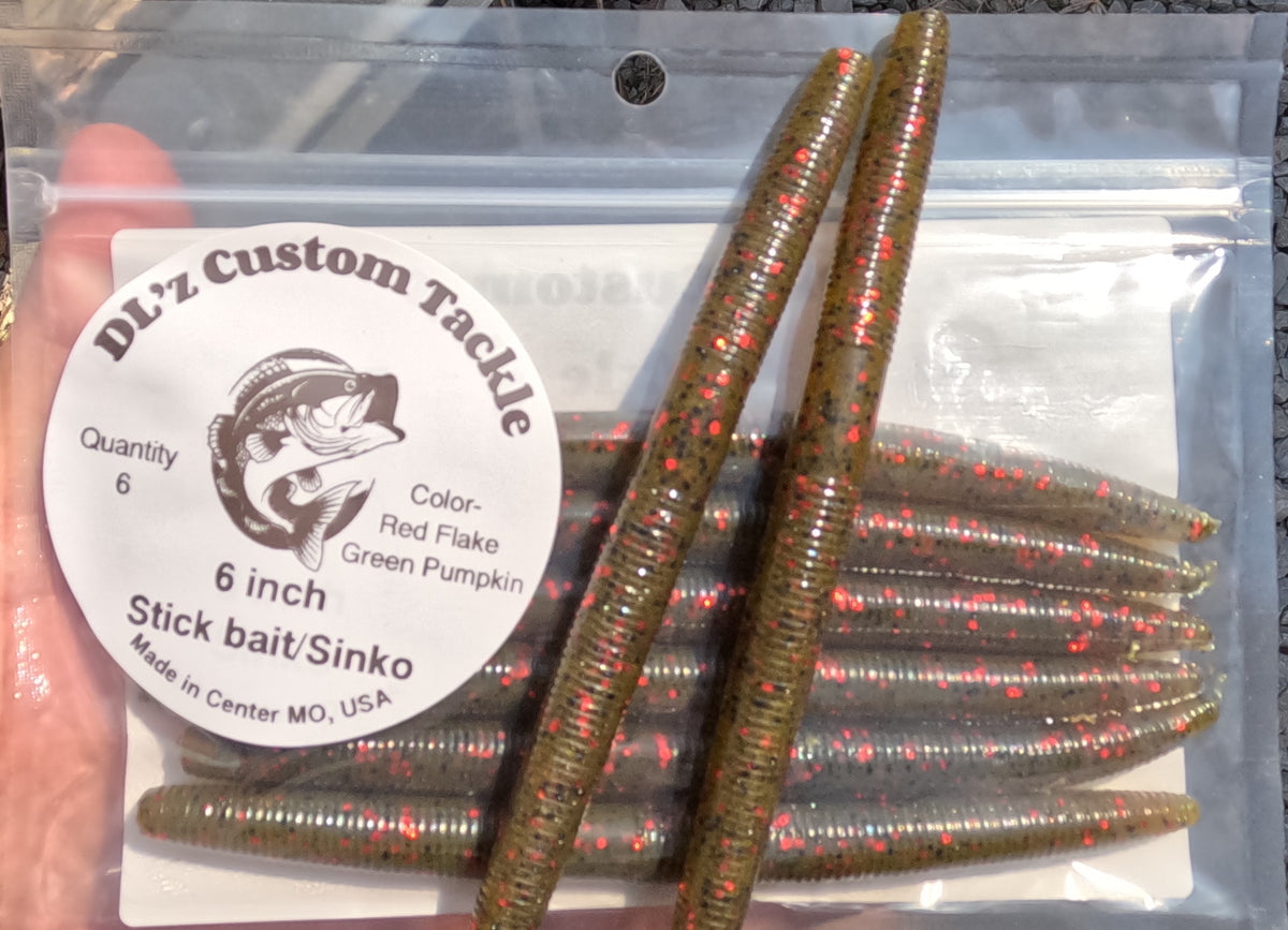 6 inch Stick Bait/Sinko Color - Red Flake Green Pumpkin 6 Pack