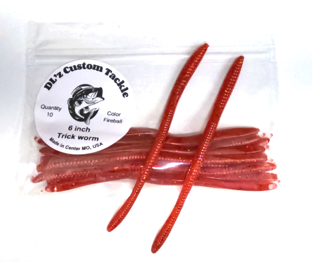 6 inch Trick Worm Bait Color - Fireball Red - 10 Pack