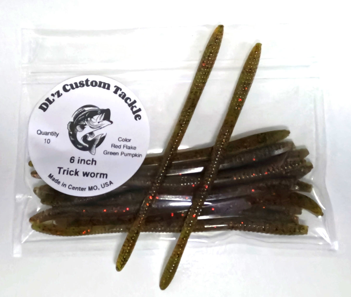 6 inch Trick Worm Bait Color - Red Flake Green Pumpkin - 10 Pack