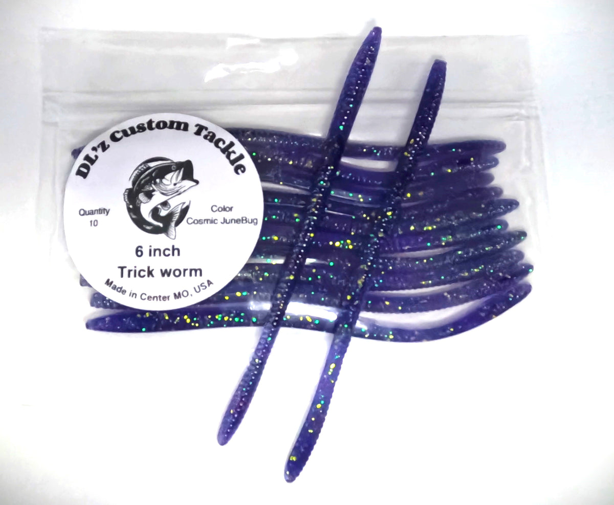 6 inch Trick Worm Bait Color - Cosmic Junebug - 10 Pack